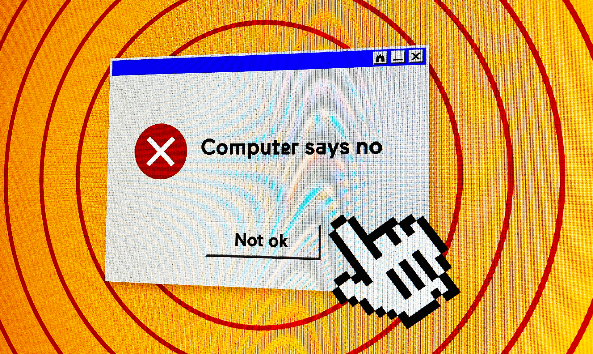 Een microsoft scherm met de tekst Computer says no en not oke